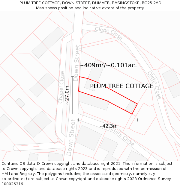 PLUM TREE COTTAGE, DOWN STREET, DUMMER, BASINGSTOKE, RG25 2AD: Plot and title map