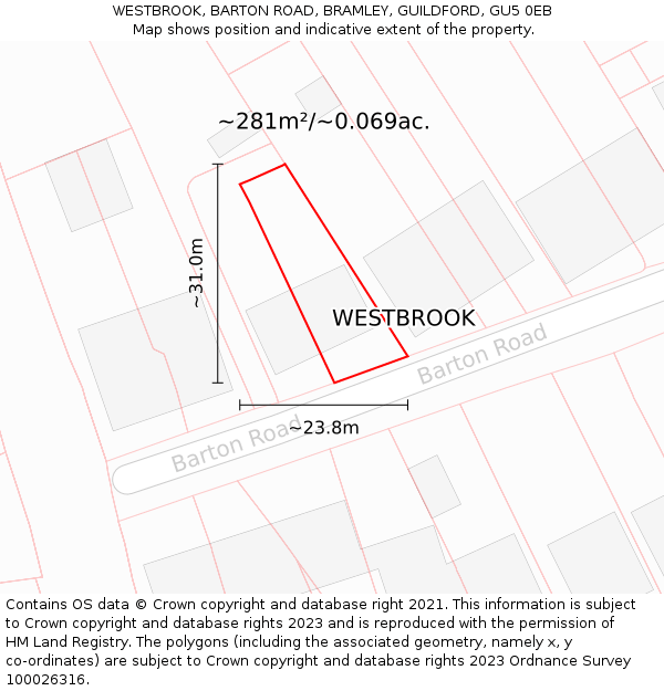 WESTBROOK, BARTON ROAD, BRAMLEY, GUILDFORD, GU5 0EB: Plot and title map