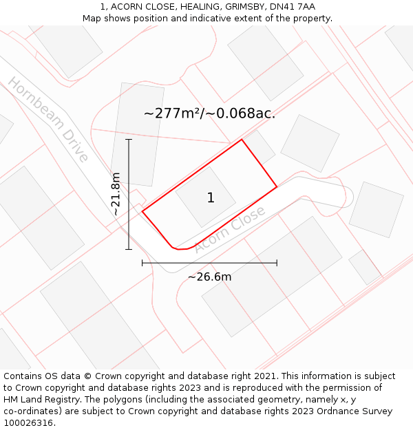 1, ACORN CLOSE, HEALING, GRIMSBY, DN41 7AA: Plot and title map