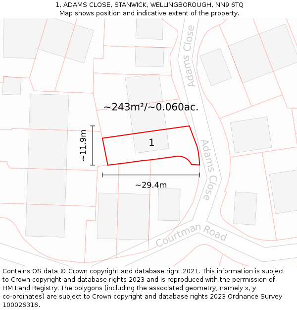 1, ADAMS CLOSE, STANWICK, WELLINGBOROUGH, NN9 6TQ: Plot and title map