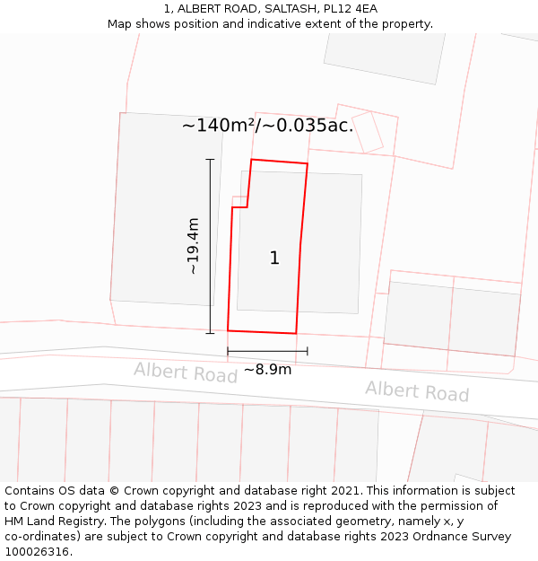 1, ALBERT ROAD, SALTASH, PL12 4EA: Plot and title map