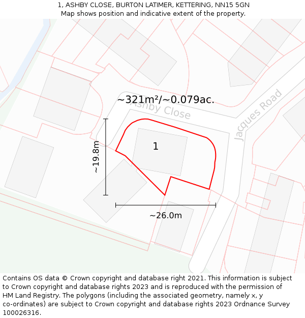 1, ASHBY CLOSE, BURTON LATIMER, KETTERING, NN15 5GN: Plot and title map