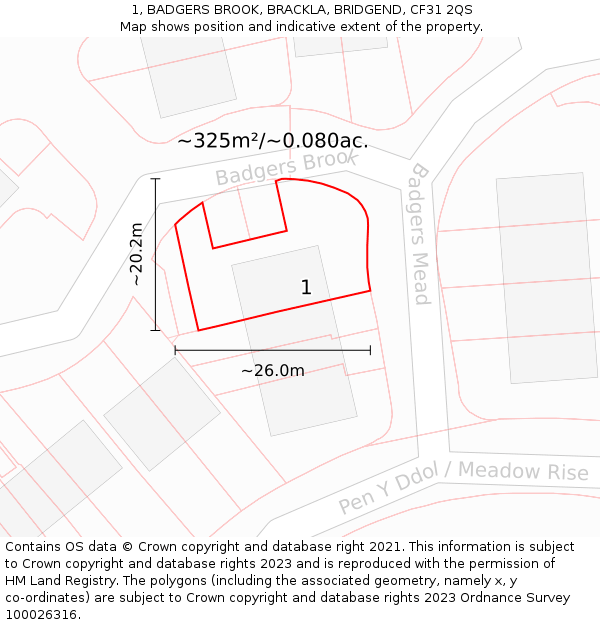 1, BADGERS BROOK, BRACKLA, BRIDGEND, CF31 2QS: Plot and title map