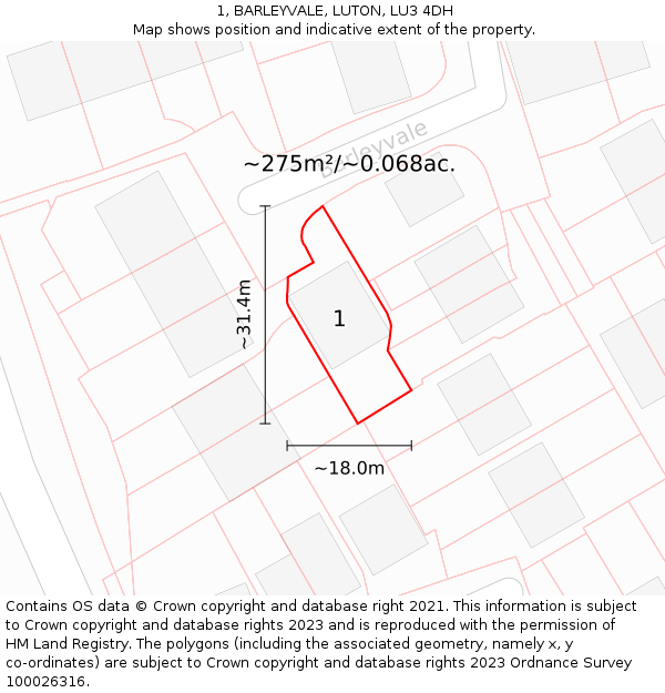 1, BARLEYVALE, LUTON, LU3 4DH: Plot and title map