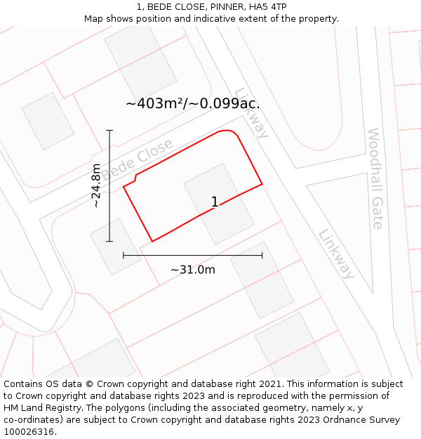 1, BEDE CLOSE, PINNER, HA5 4TP: Plot and title map