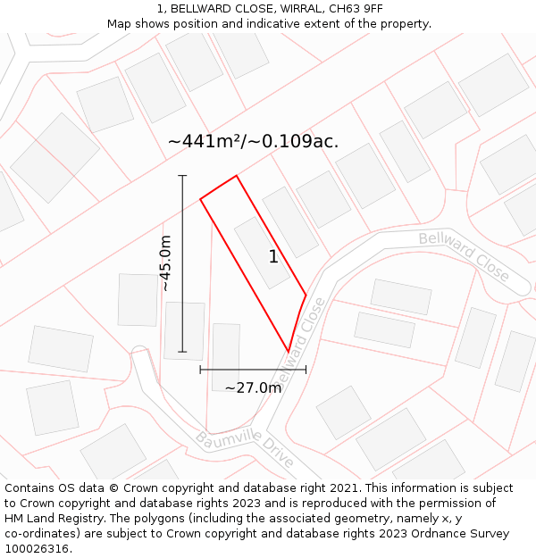 1, BELLWARD CLOSE, WIRRAL, CH63 9FF: Plot and title map