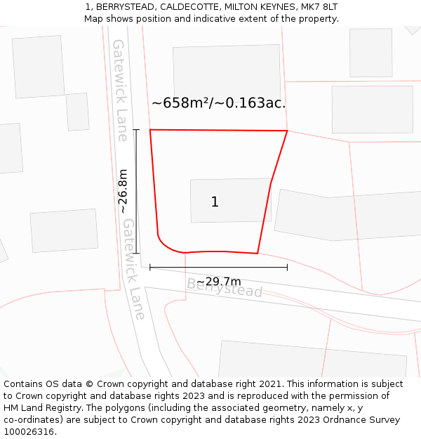 1, BERRYSTEAD, CALDECOTTE, MILTON KEYNES, MK7 8LT: Plot and title map