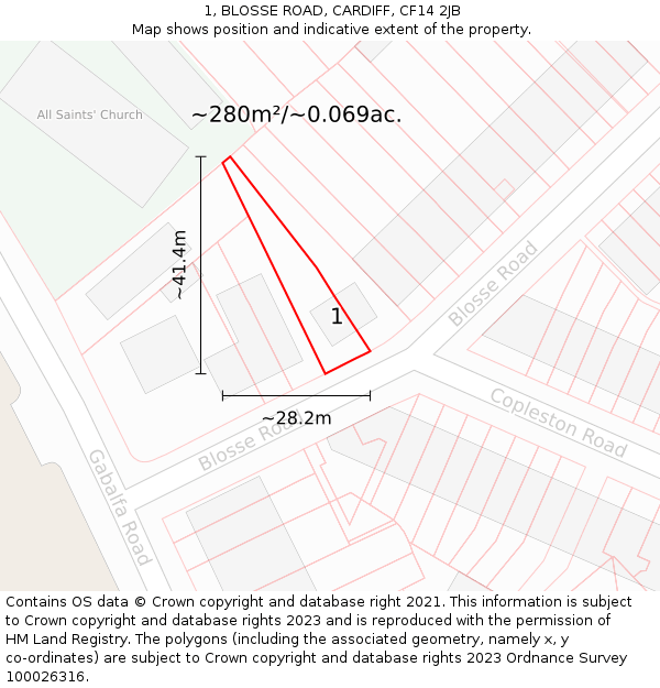 1, BLOSSE ROAD, CARDIFF, CF14 2JB: Plot and title map