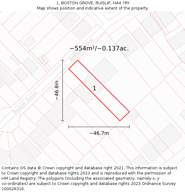 1, BOSTON GROVE, RUISLIP, HA4 7RY: Plot and title map