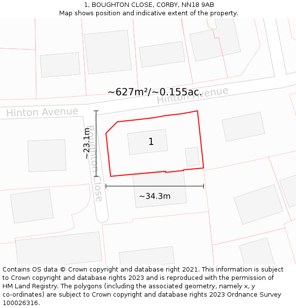 1, BOUGHTON CLOSE, CORBY, NN18 9AB: Plot and title map