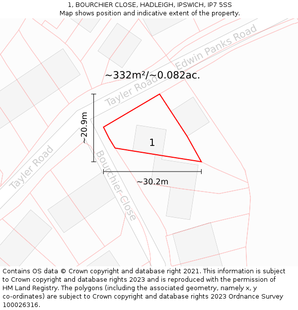 1, BOURCHIER CLOSE, HADLEIGH, IPSWICH, IP7 5SS: Plot and title map