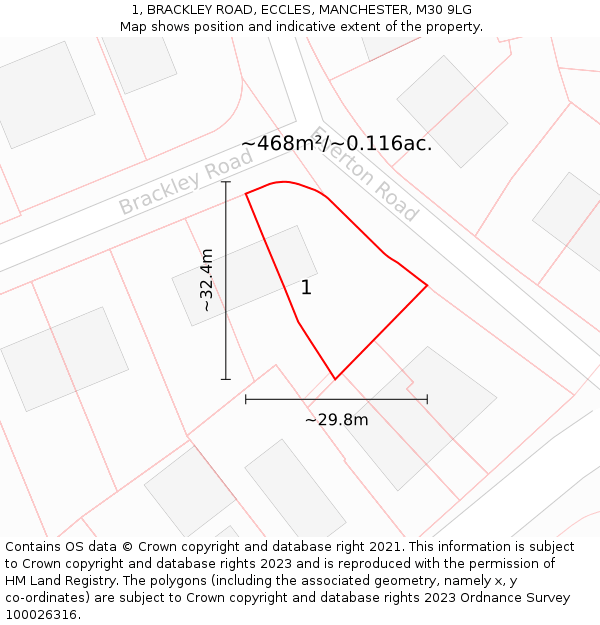 1, BRACKLEY ROAD, ECCLES, MANCHESTER, M30 9LG: Plot and title map