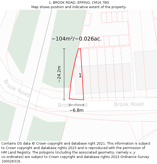 1, BROOK ROAD, EPPING, CM16 7BS: Plot and title map