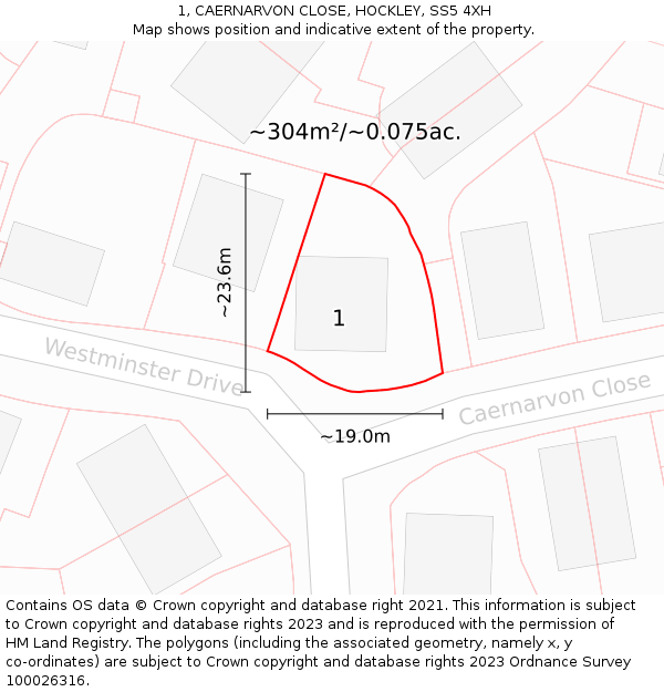 1, CAERNARVON CLOSE, HOCKLEY, SS5 4XH: Plot and title map