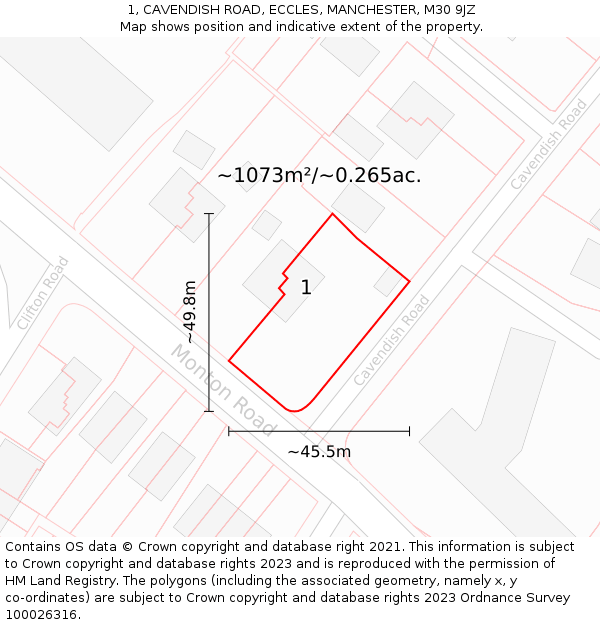 1, CAVENDISH ROAD, ECCLES, MANCHESTER, M30 9JZ: Plot and title map