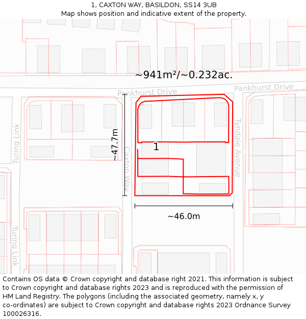 1, CAXTON WAY, BASILDON, SS14 3UB: Plot and title map