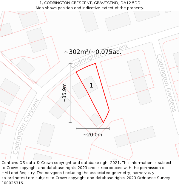 1, CODRINGTON CRESCENT, GRAVESEND, DA12 5DD: Plot and title map
