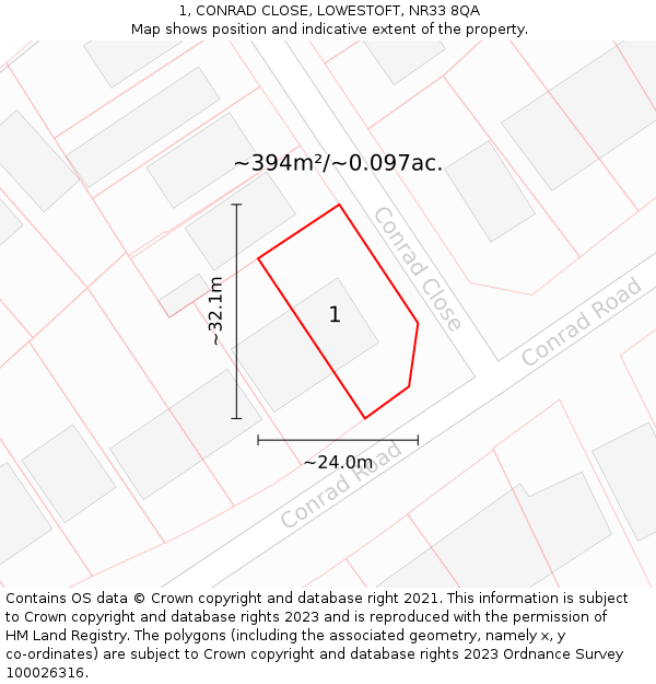 1, CONRAD CLOSE, LOWESTOFT, NR33 8QA: Plot and title map