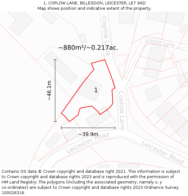 1, COPLOW LANE, BILLESDON, LEICESTER, LE7 9AD: Plot and title map