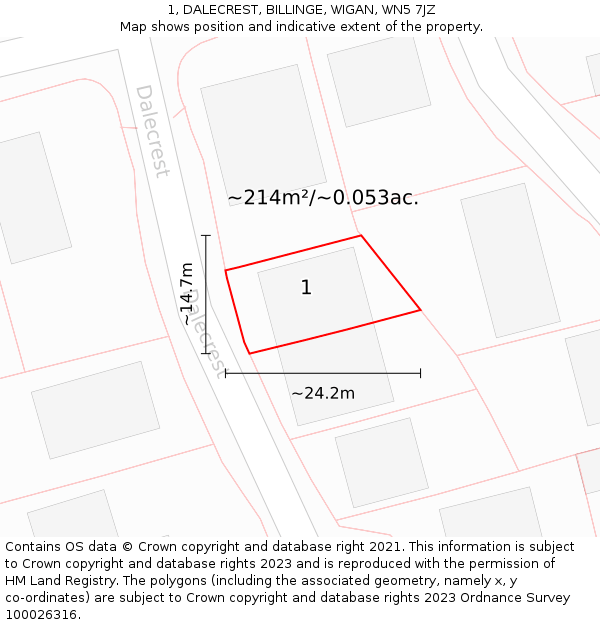 1, DALECREST, BILLINGE, WIGAN, WN5 7JZ: Plot and title map