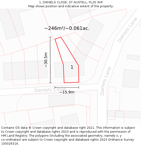 1, DANIELS CLOSE, ST AUSTELL, PL25 3HF: Plot and title map