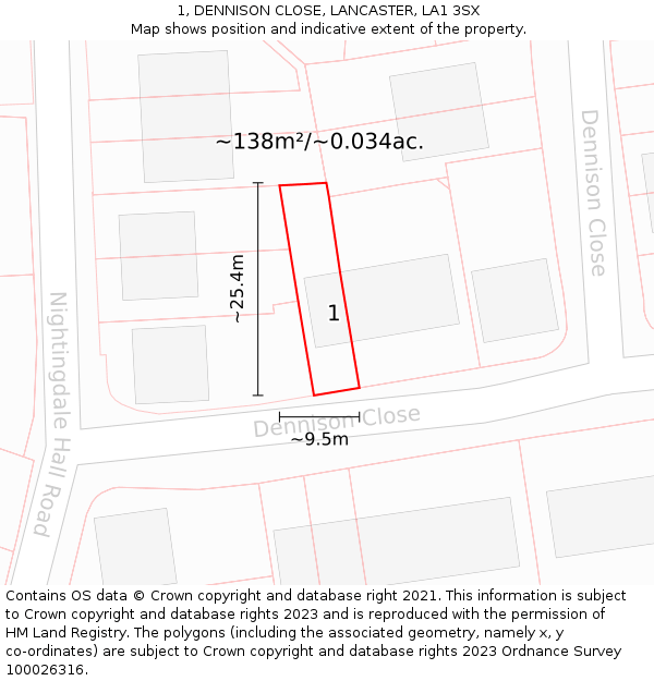 1, DENNISON CLOSE, LANCASTER, LA1 3SX: Plot and title map