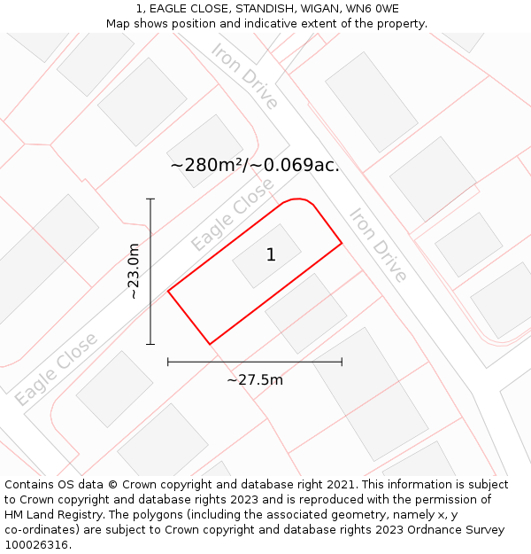 1, EAGLE CLOSE, STANDISH, WIGAN, WN6 0WE: Plot and title map