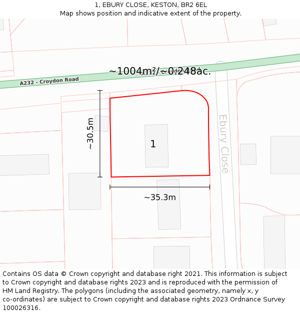 1, EBURY CLOSE, KESTON, BR2 6EL: Plot and title map