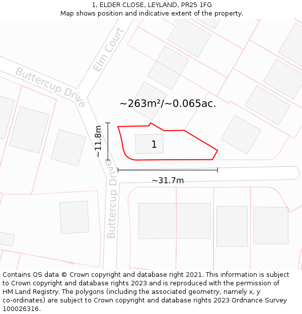 1, ELDER CLOSE, LEYLAND, PR25 1FG: Plot and title map