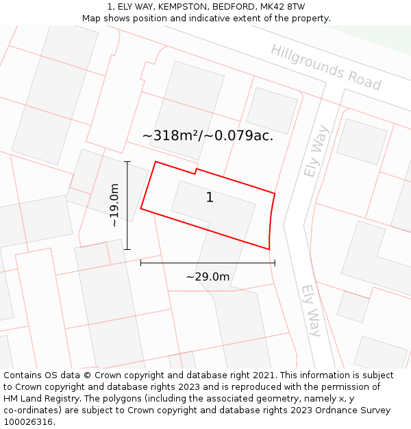 1, ELY WAY, KEMPSTON, BEDFORD, MK42 8TW: Plot and title map