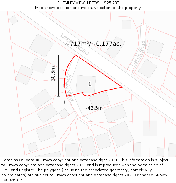 1, EMLEY VIEW, LEEDS, LS25 7RT: Plot and title map