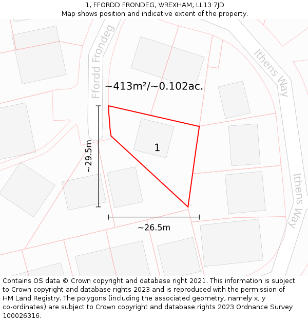 1, FFORDD FRONDEG, WREXHAM, LL13 7JD: Plot and title map