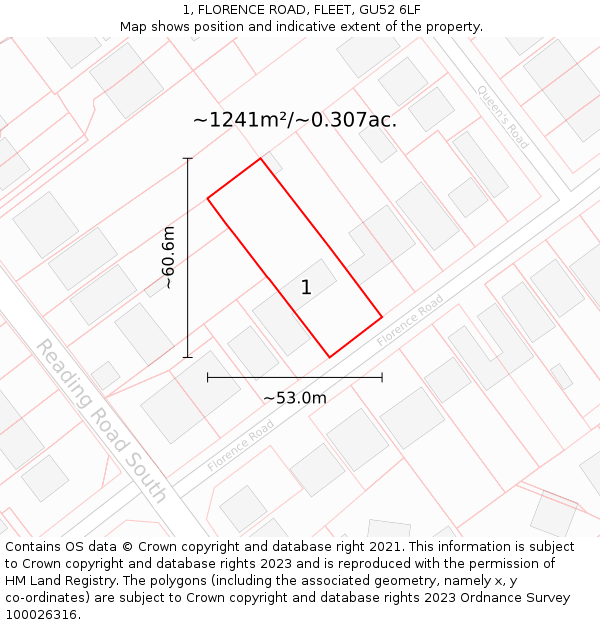 1, FLORENCE ROAD, FLEET, GU52 6LF: Plot and title map