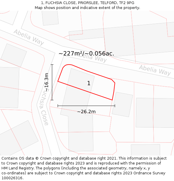 1, FUCHSIA CLOSE, PRIORSLEE, TELFORD, TF2 9PG: Plot and title map