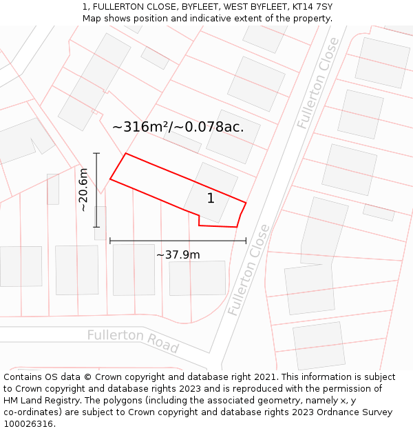 1, FULLERTON CLOSE, BYFLEET, WEST BYFLEET, KT14 7SY: Plot and title map