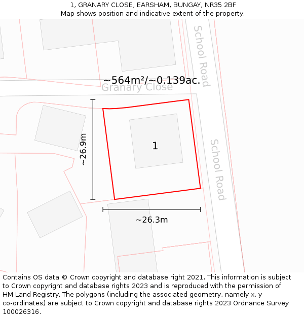 1, GRANARY CLOSE, EARSHAM, BUNGAY, NR35 2BF: Plot and title map