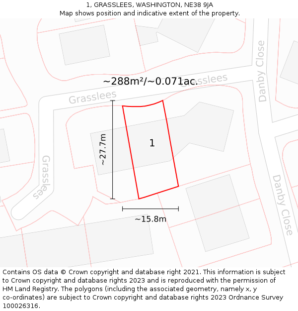 1, GRASSLEES, WASHINGTON, NE38 9JA: Plot and title map