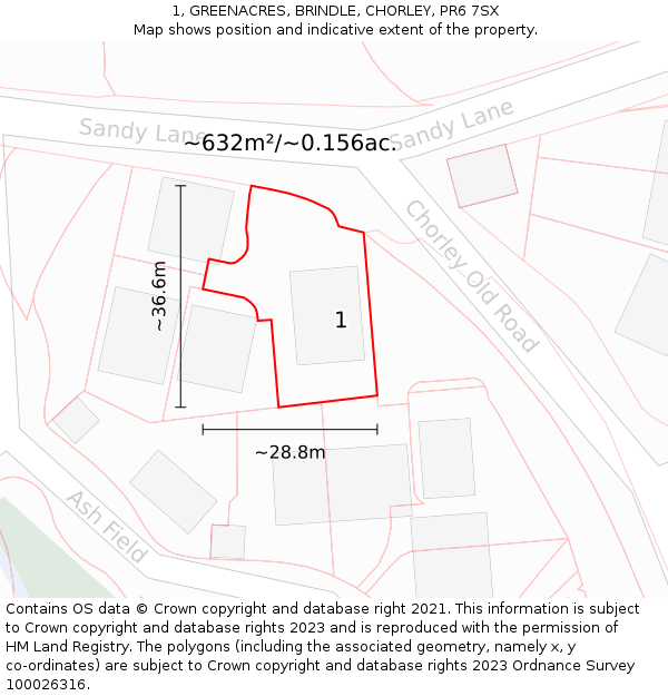 1, GREENACRES, BRINDLE, CHORLEY, PR6 7SX: Plot and title map