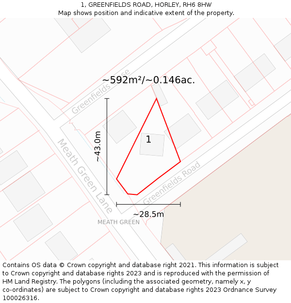 1, GREENFIELDS ROAD, HORLEY, RH6 8HW: Plot and title map