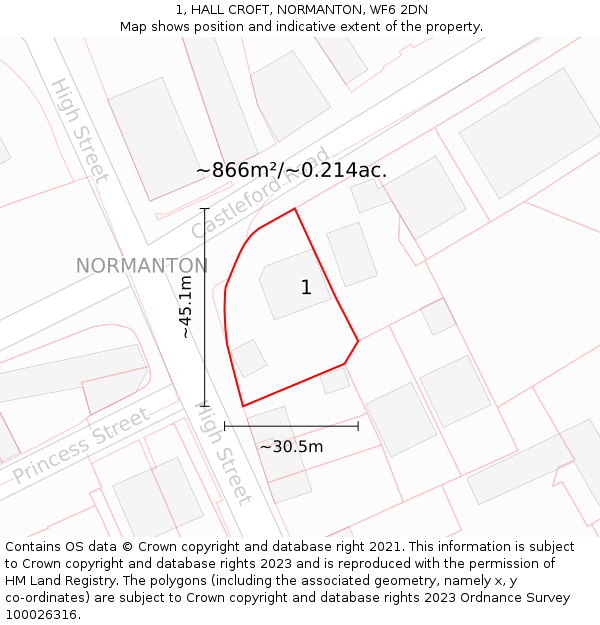 1, HALL CROFT, NORMANTON, WF6 2DN: Plot and title map