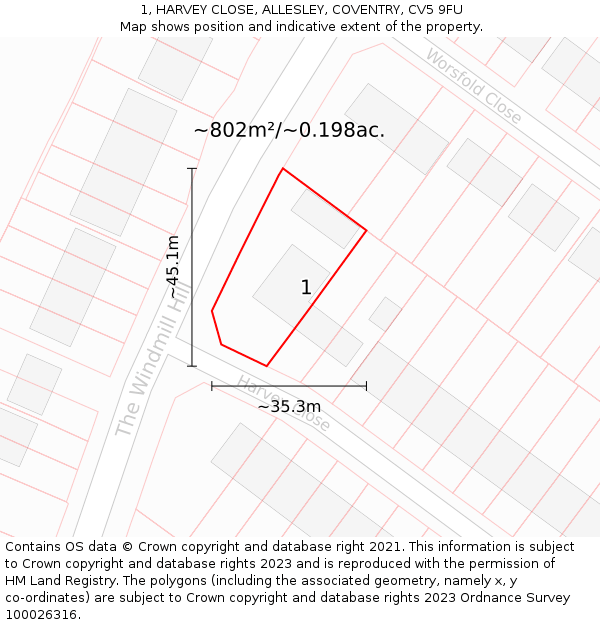 1, HARVEY CLOSE, ALLESLEY, COVENTRY, CV5 9FU: Plot and title map