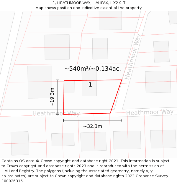 1, HEATHMOOR WAY, HALIFAX, HX2 9LT: Plot and title map