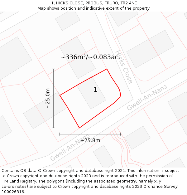 1, HICKS CLOSE, PROBUS, TRURO, TR2 4NE: Plot and title map
