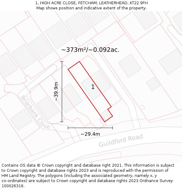 1, HIGH ACRE CLOSE, FETCHAM, LEATHERHEAD, KT22 9FH: Plot and title map