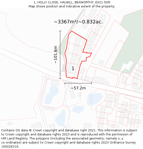 1, HOLLY CLOSE, HALWILL, BEAWORTHY, EX21 5DR: Plot and title map