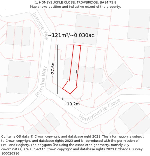 1, HONEYSUCKLE CLOSE, TROWBRIDGE, BA14 7SN: Plot and title map