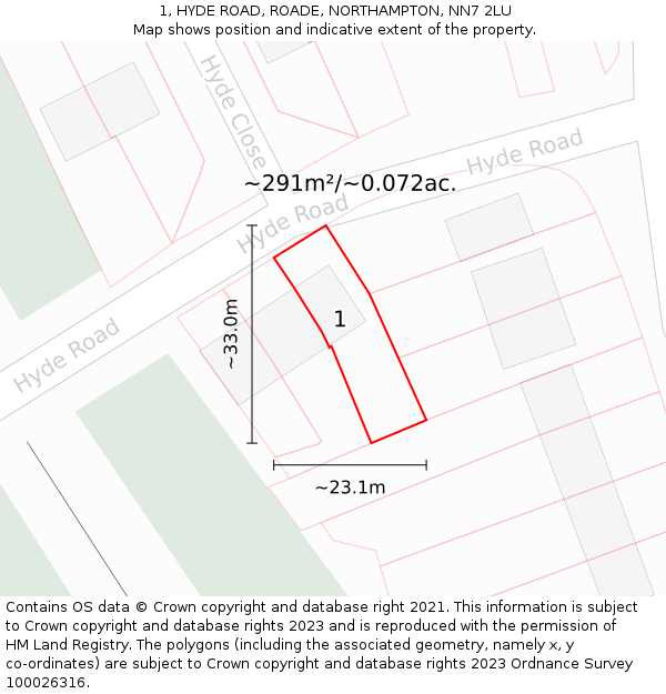 1, HYDE ROAD, ROADE, NORTHAMPTON, NN7 2LU: Plot and title map