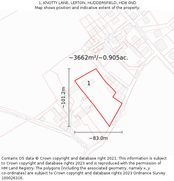 1, KNOTTY LANE, LEPTON, HUDDERSFIELD, HD8 0ND: Plot and title map