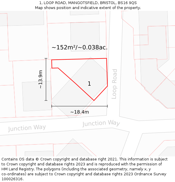 1, LOOP ROAD, MANGOTSFIELD, BRISTOL, BS16 9QS: Plot and title map