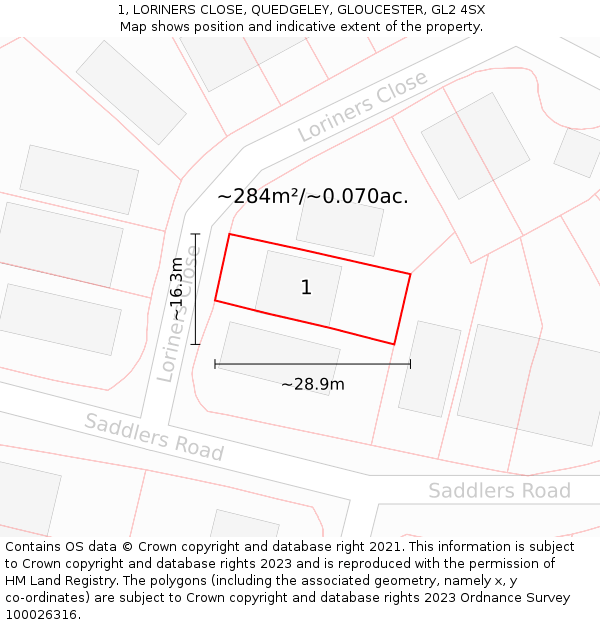 1, LORINERS CLOSE, QUEDGELEY, GLOUCESTER, GL2 4SX: Plot and title map